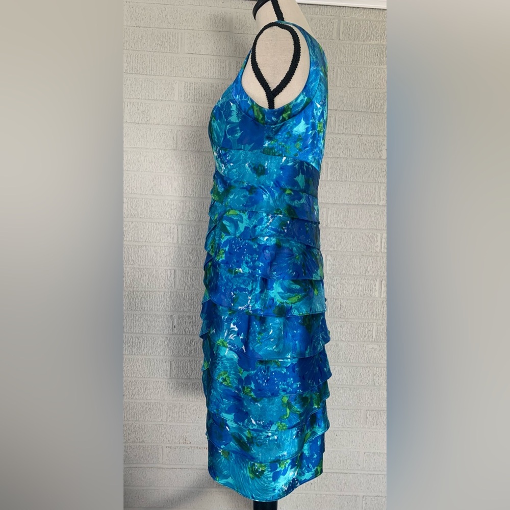 London Times Blue and Green Satin Tiered Sleeveless Cocktail Dress 6 Petite EUC - Picture 2 of 12